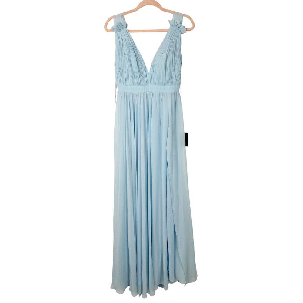 NWT Mac Duggal Pleated Chiffon Sleeveless V-Neck Gown Powder Blue 2 #9835 - Picture 3 of 8
